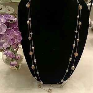 White House Black Market Long Double Strand Necklace  Gold Chain Neutral Beads